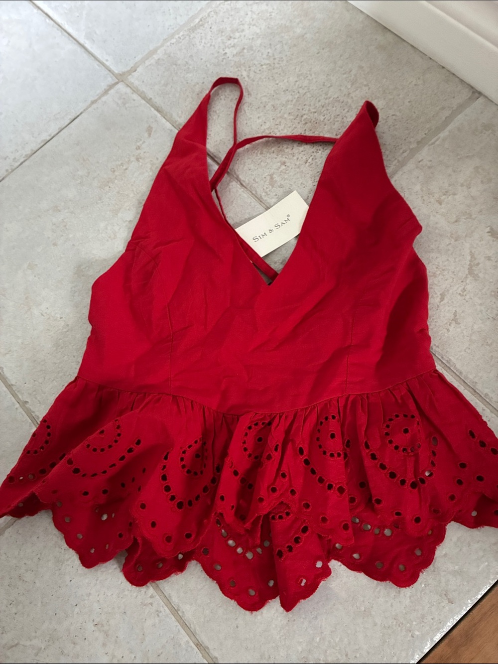 SIMSAM Red Eyelet Peplum Camisole